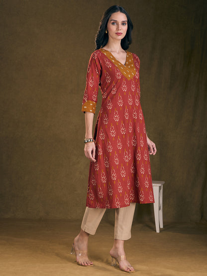 Ethnic Ikat Printed & Embroidered A-Line Kurta with Palazzo - Rust