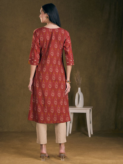 Ethnic Ikat Printed & Embroidered A-Line Kurta with Palazzo - Rust