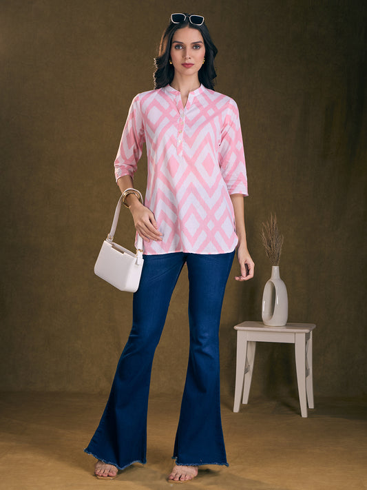 Ethnic Chevron Printed Straight Fit Kurti - Pink