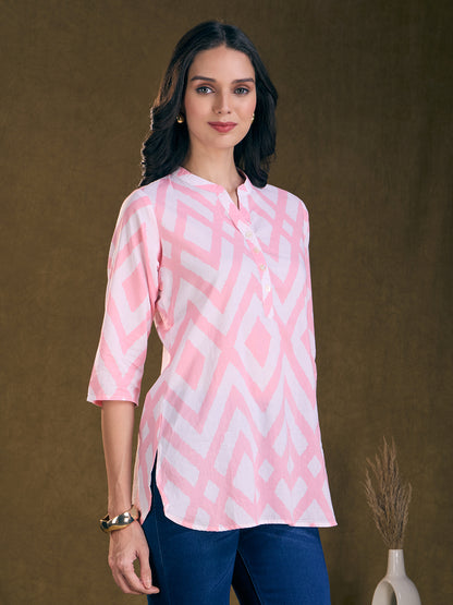 Ethnic Chevron Printed Straight Fit Kurti - Pink