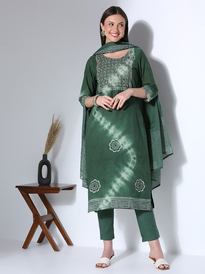 Ethnic Printed Hand Embroidered Straight Fit Kurta with Pant and Dupatta - Green