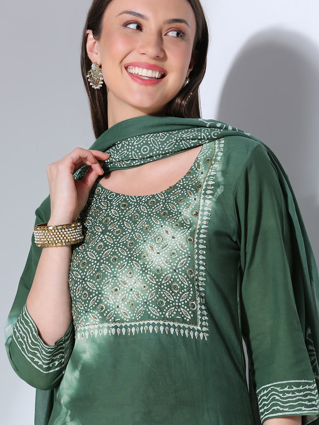 Ethnic Printed Hand Embroidered Straight Fit Kurta with Pant and Dupatta - Green