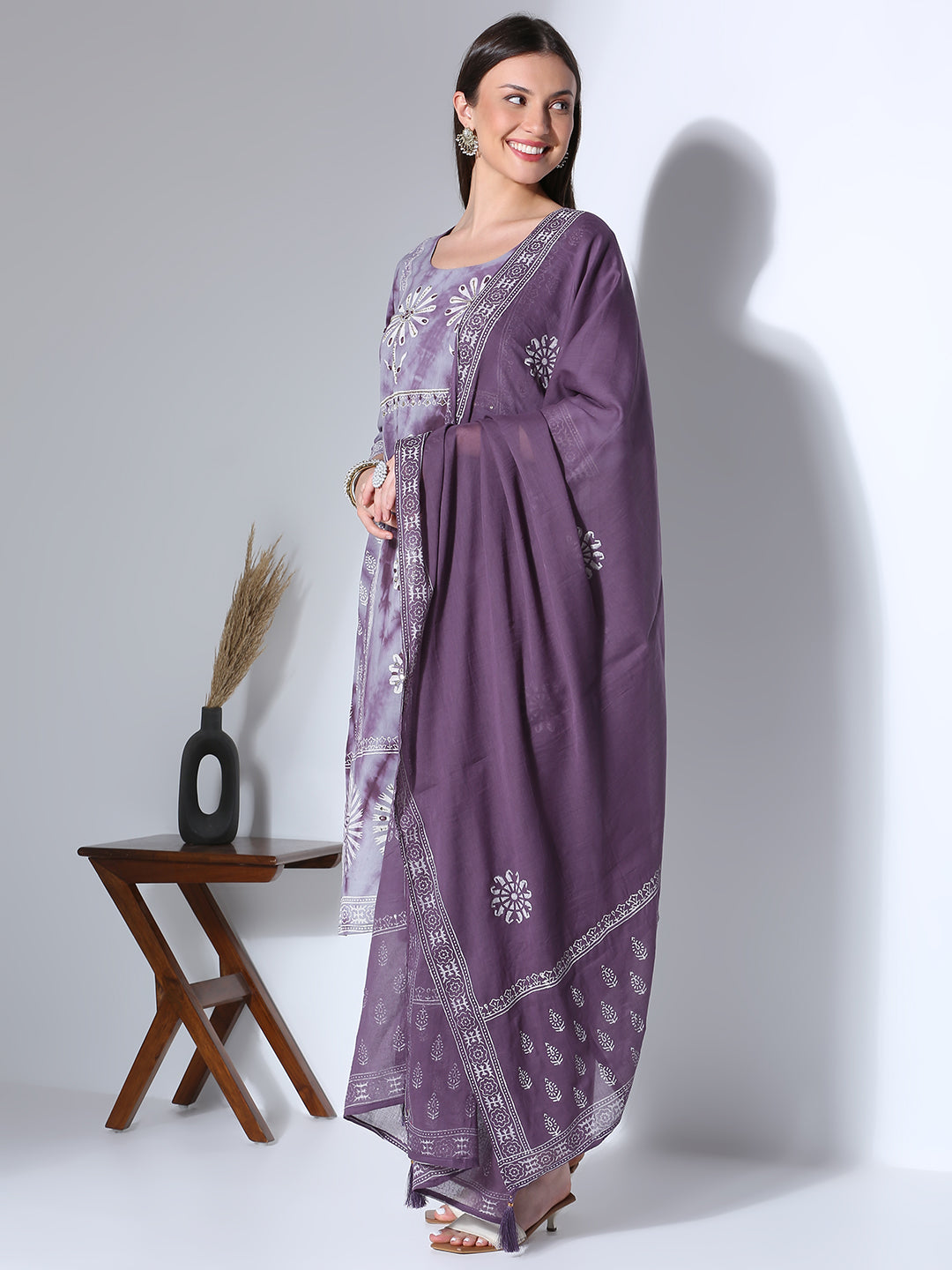 Ethnic Printed Hand Embroidered Straight Fit Kurta with Pant and Dupatta - Lavender