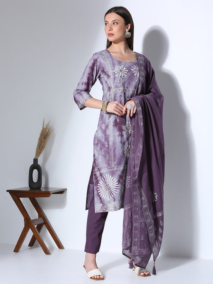Ethnic Printed Hand Embroidered Straight Fit Kurta with Pant and Dupatta - Lavender
