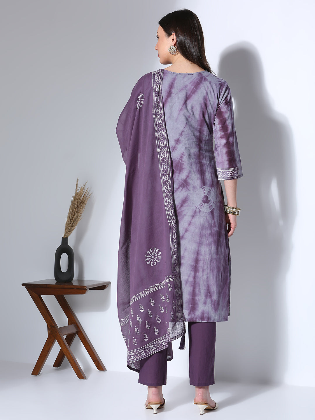 Ethnic Printed Hand Embroidered Straight Fit Kurta with Pant and Dupatta - Lavender
