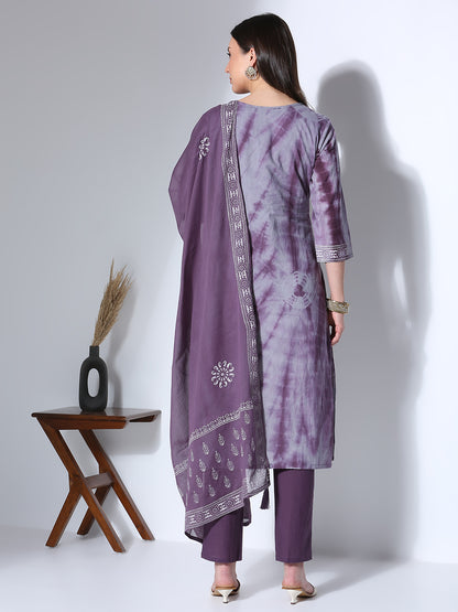 Ethnic Printed Hand Embroidered Straight Fit Kurta with Pant and Dupatta - Lavender