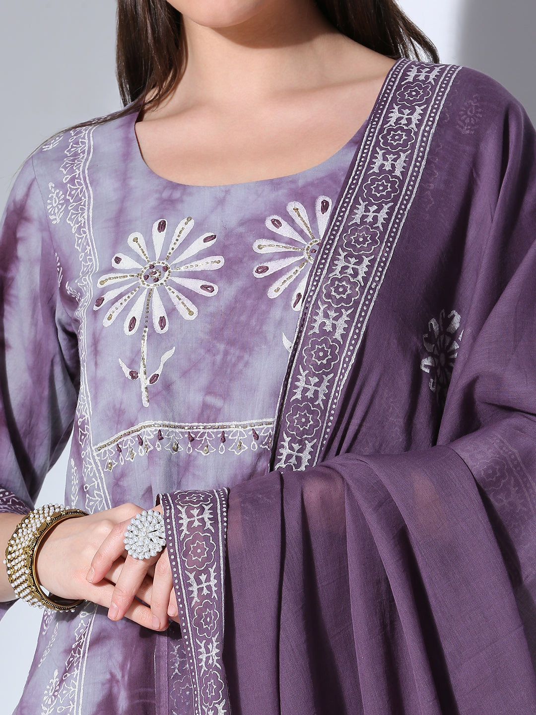 Ethnic Printed Hand Embroidered Straight Fit Kurta with Pant and Dupatta - Lavender