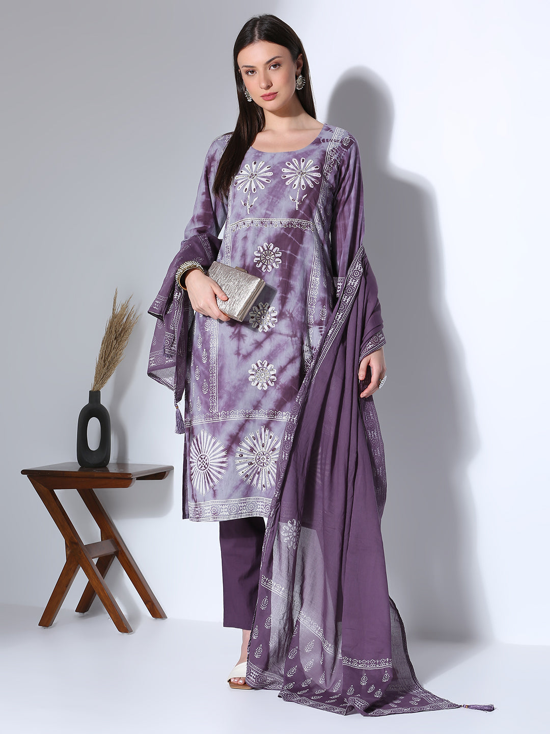 Ethnic Printed Hand Embroidered Straight Fit Kurta with Pant and Dupatta - Lavender