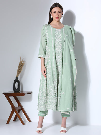Solid Floral Embroidered Anarkali Flared Kurta with Pant and Dupatta - Green