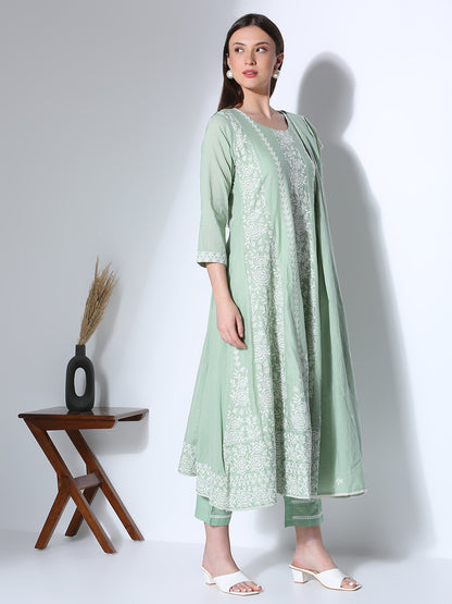 Solid Floral Embroidered Anarkali Flared Kurta with Pant and Dupatta - Green