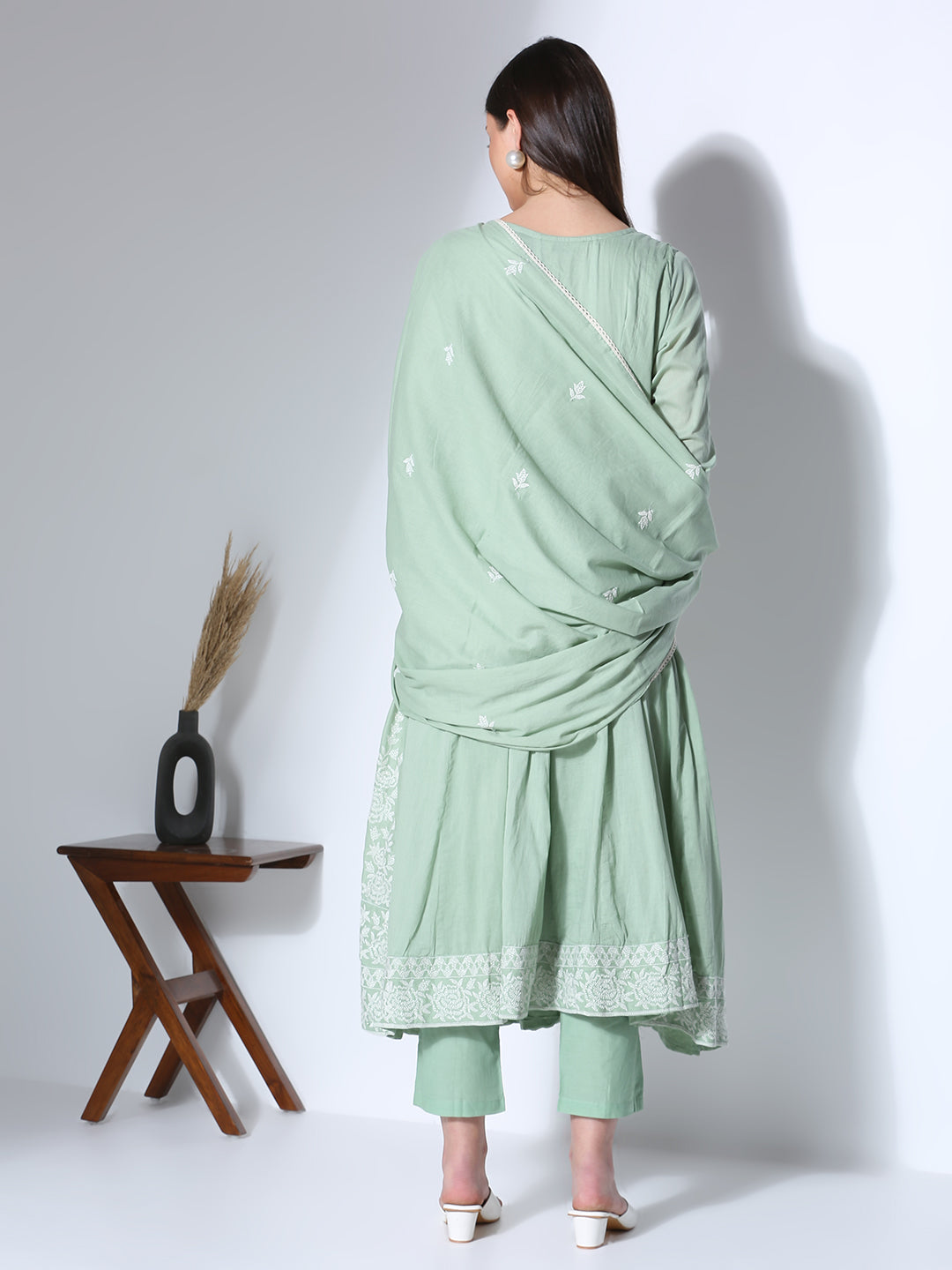 Solid Floral Embroidered Anarkali Flared Kurta with Pant and Dupatta - Green