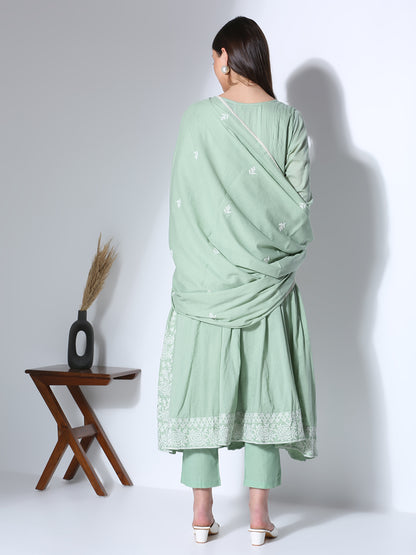Solid Floral Embroidered Anarkali Flared Kurta with Pant and Dupatta - Green