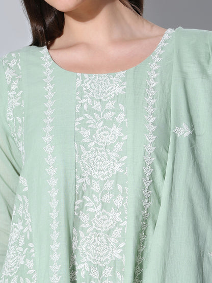 Solid Floral Embroidered Anarkali Flared Kurta with Pant and Dupatta - Green