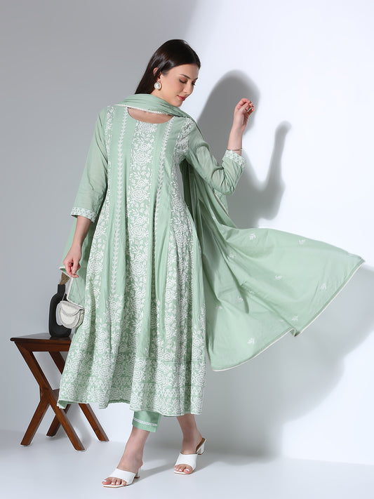 Solid Floral Embroidered Anarkali Flared Kurta with Pant and Dupatta - Green