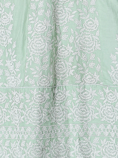 Solid Floral Embroidered Anarkali Flared Kurta with Pant and Dupatta - Green