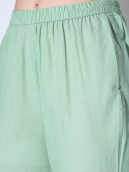 Solid Floral Embroidered Anarkali Flared Kurta with Pant and Dupatta - Green