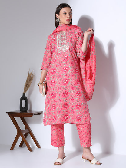 Ethnic Floral Printed & Embroidered Straight Fit Kurta with Pant & Dupatta - Pink