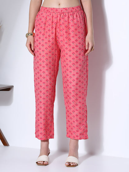 Ethnic Floral Printed & Embroidered Straight Fit Kurta with Pant & Dupatta - Pink