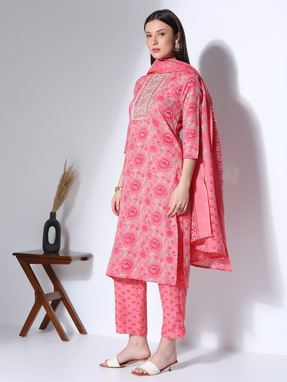 Ethnic Floral Printed & Embroidered Straight Fit Kurta with Pant & Dupatta - Pink