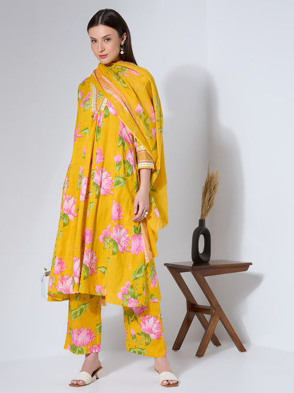 Floral Printed & Embroidered A-Line Paneled Kurta with Palazzo & Dupatta - Yellow