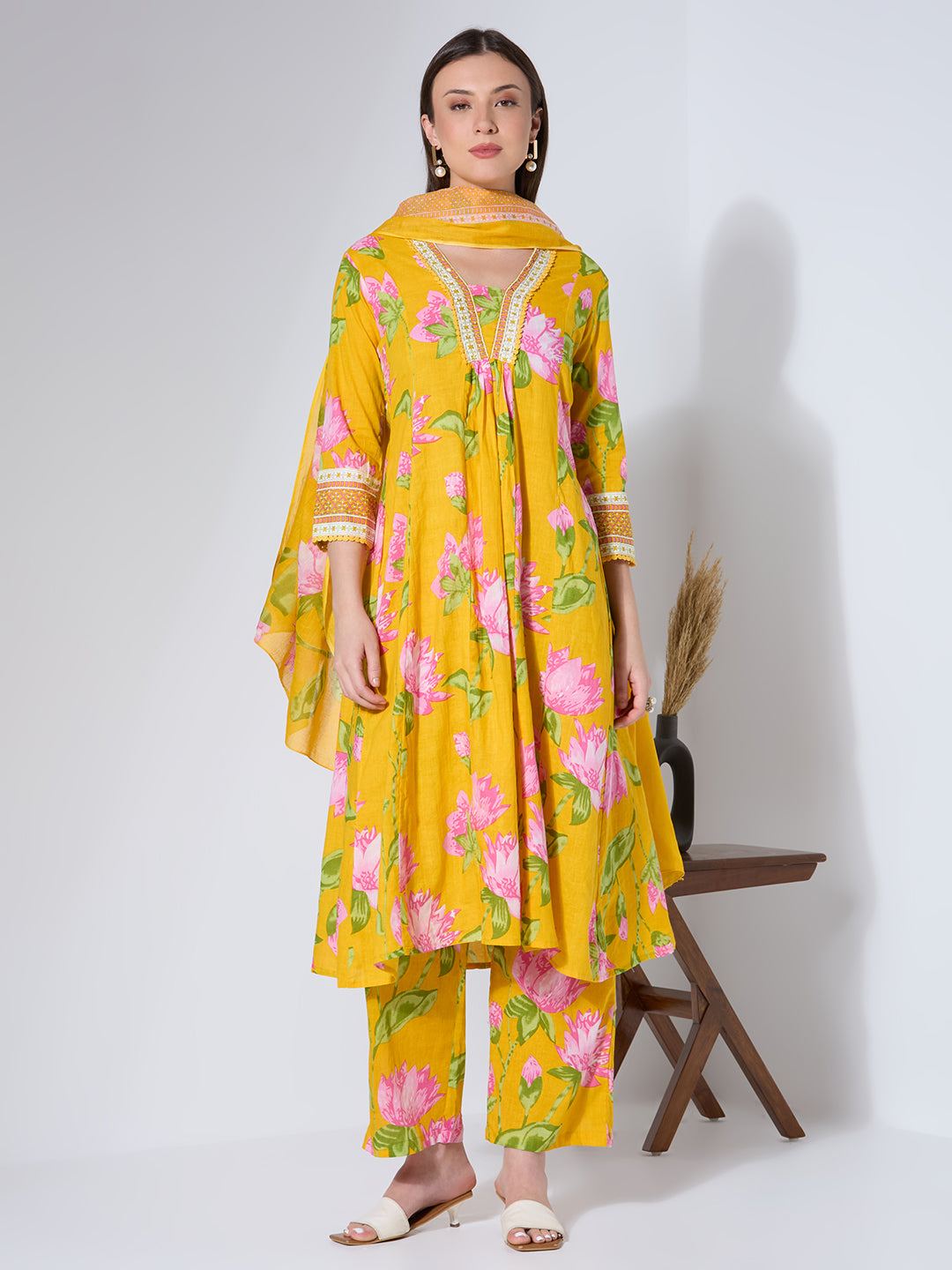 Floral Printed & Embroidered A-Line Paneled Kurta with Palazzo & Dupatta - Yellow
