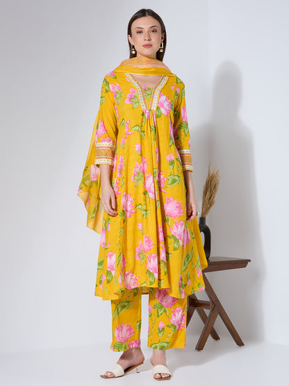 Floral Printed & Embroidered A-Line Paneled Kurta with Palazzo & Dupatta - Yellow