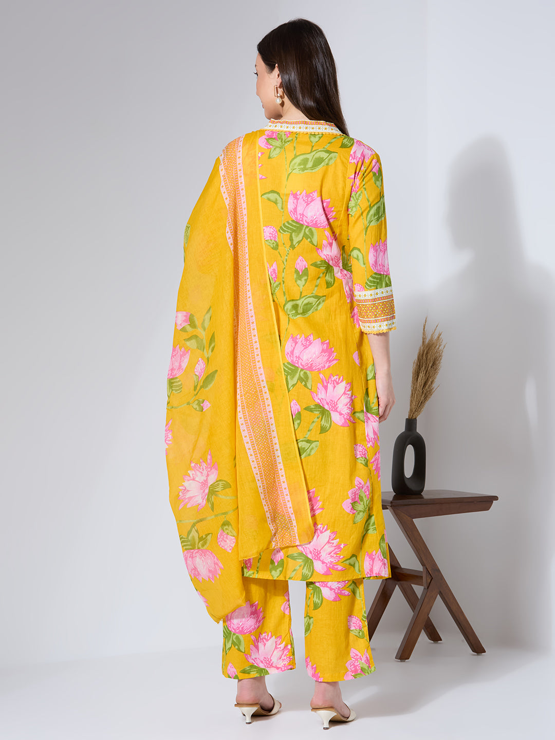 Floral Printed & Embroidered A-Line Paneled Kurta with Palazzo & Dupatta - Yellow