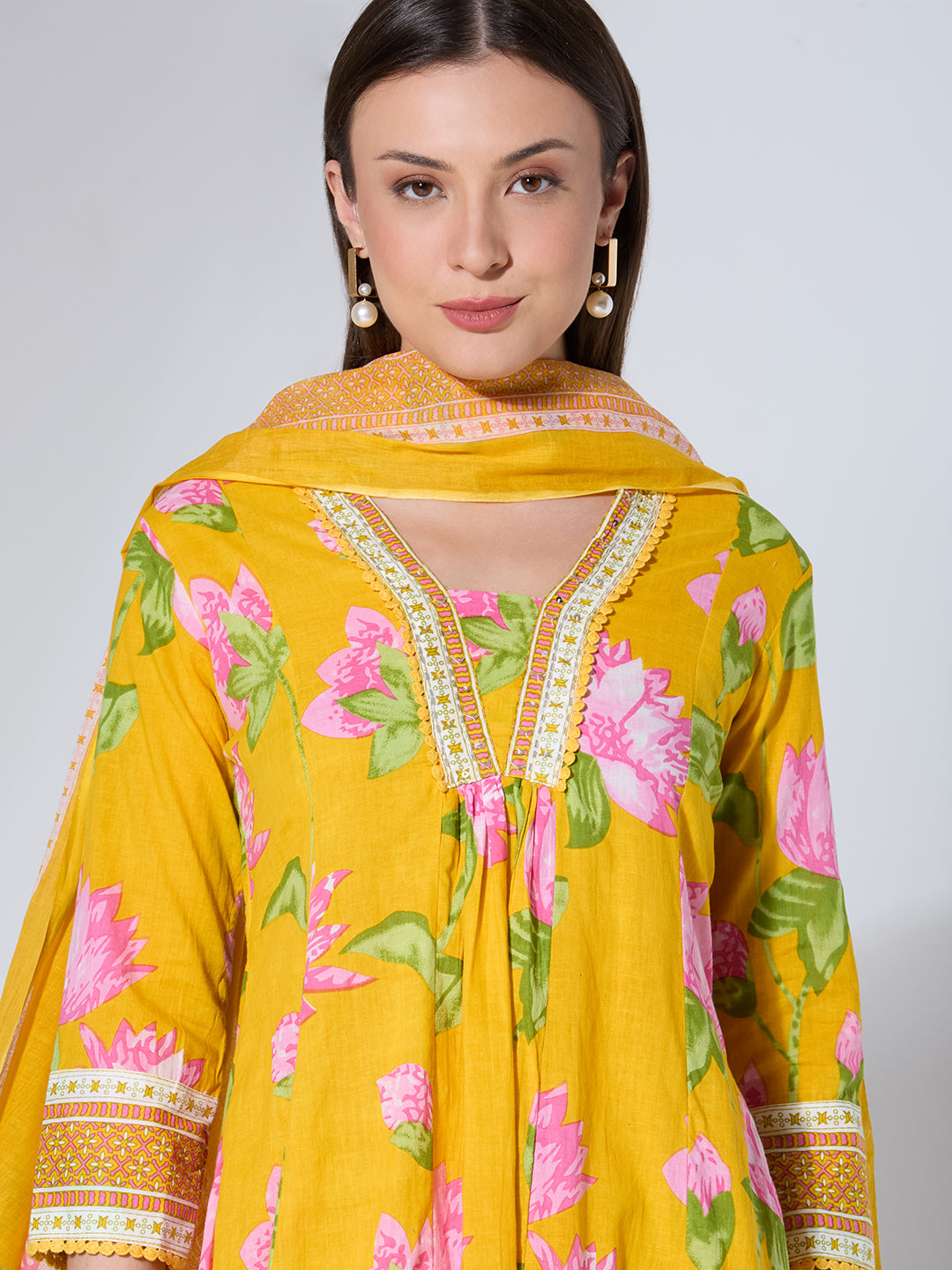Floral Printed & Embroidered A-Line Paneled Kurta with Palazzo & Dupatta - Yellow