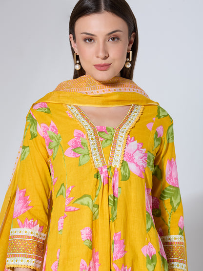 Floral Printed & Embroidered A-Line Paneled Kurta with Palazzo & Dupatta - Yellow