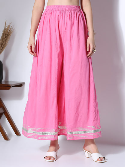 Ethnic Printed Embroidered Straight Fit Kurta with Palazzo and Dupatta - Pink