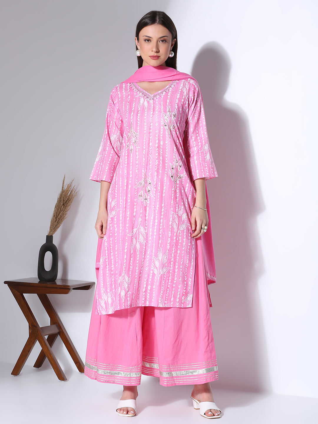 Ethnic Printed Embroidered Straight Fit Kurta with Palazzo and Dupatta - Pink