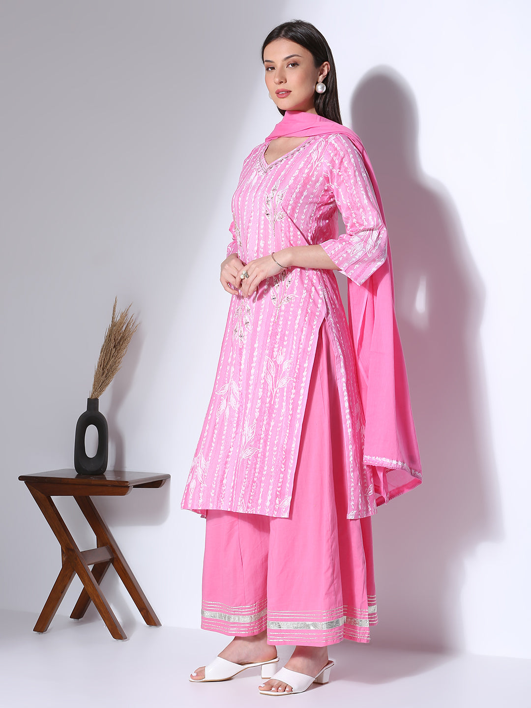Ethnic Printed Embroidered Straight Fit Kurta with Palazzo and Dupatta - Pink