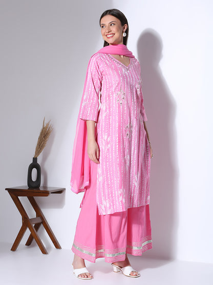 Ethnic Printed Embroidered Straight Fit Kurta with Palazzo and Dupatta - Pink