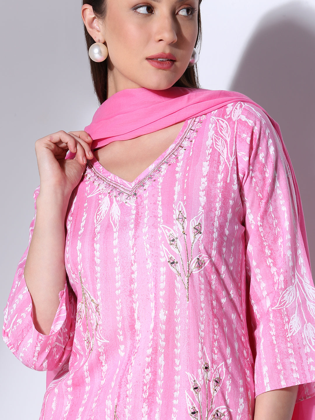 Ethnic Printed Embroidered Straight Fit Kurta with Palazzo and Dupatta - Pink
