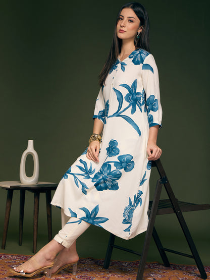 Abstract Floral Printed A-Line Flared Co-ord Set - Off White