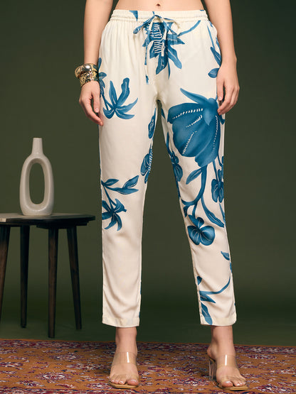 Abstract Floral Printed A-Line Flared Co-ord Set - Off White