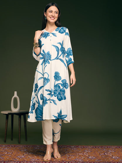 Abstract Floral Printed A-Line Flared Co-ord Set - Off White
