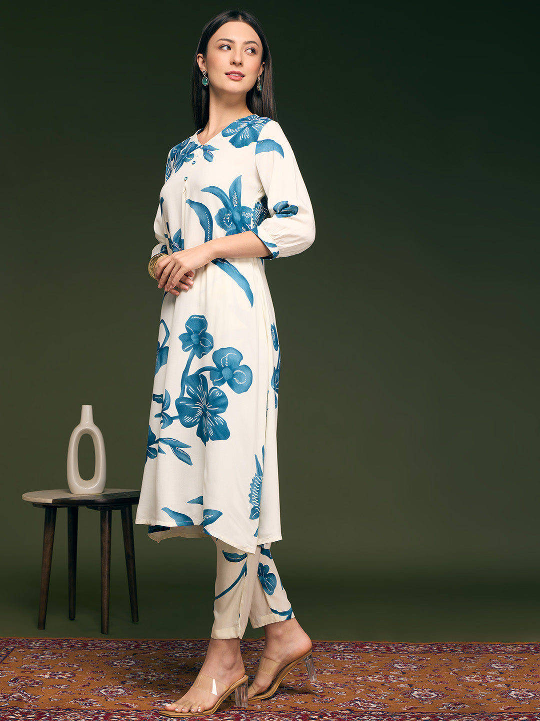 Abstract Floral Printed A-Line Flared Co-ord Set - Off White