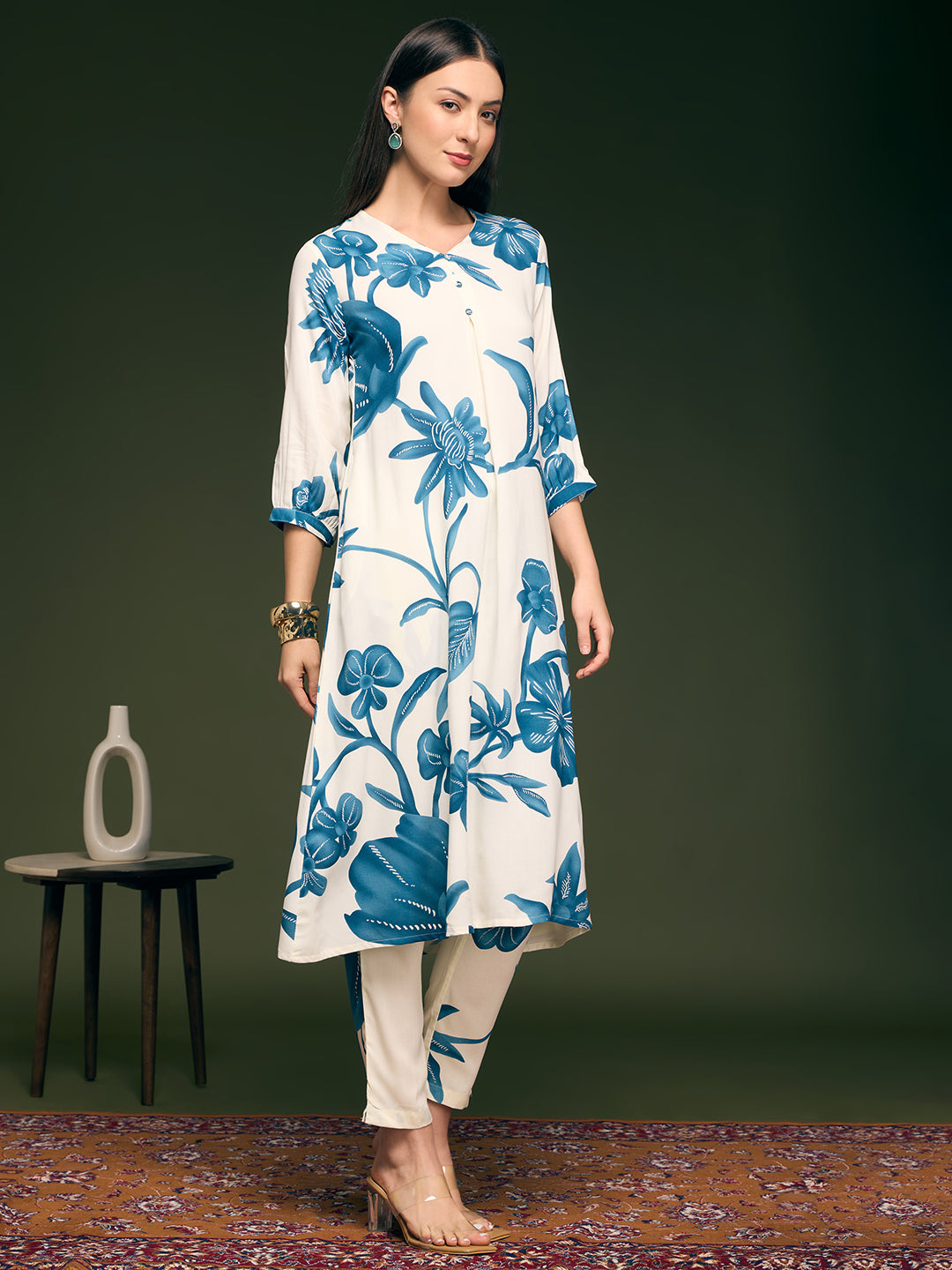 Abstract Floral Printed A-Line Flared Co-ord Set - Off White