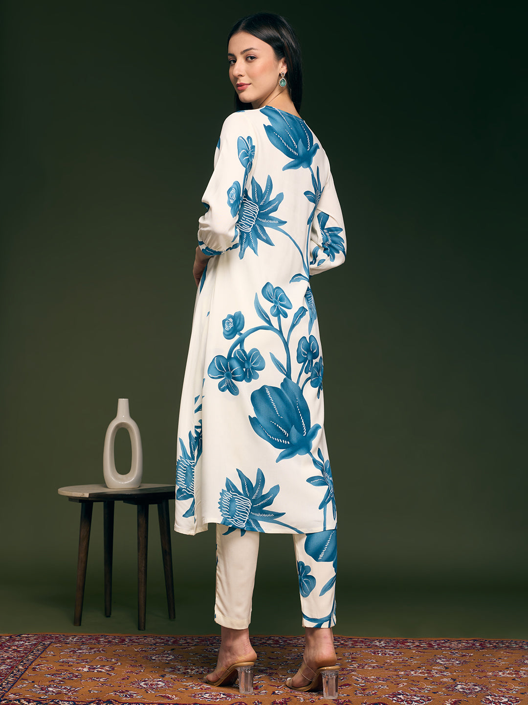 Abstract Floral Printed A-Line Flared Co-ord Set - Off White