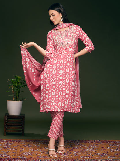Floral Printed & Embroidered Straight Kurta with Pant & Dupatta - Pink
