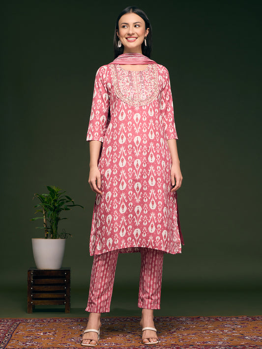 Floral Printed & Embroidered Straight Kurta with Pant & Dupatta - Pink