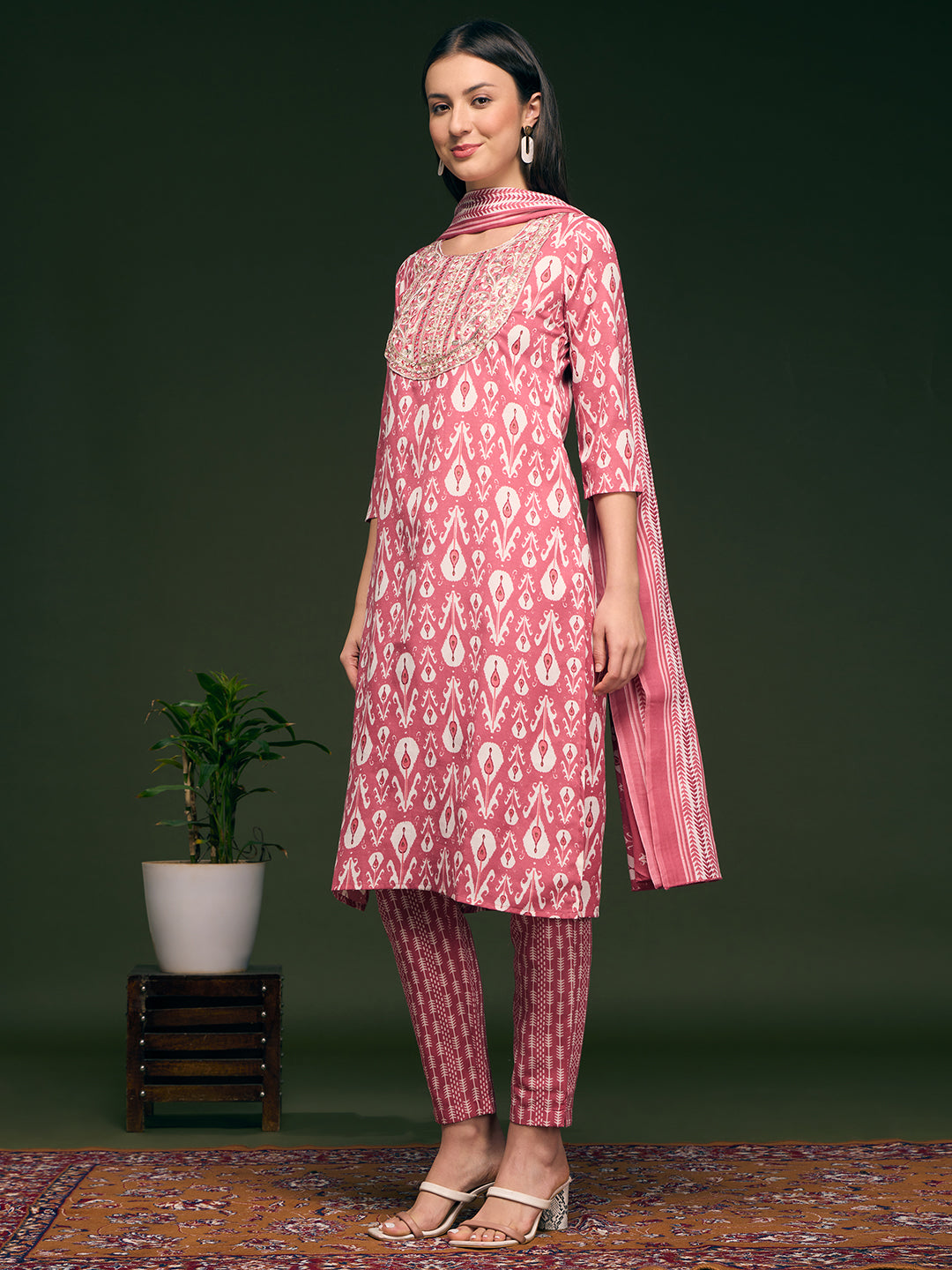 Floral Printed & Embroidered Straight Kurta with Pant & Dupatta - Pink