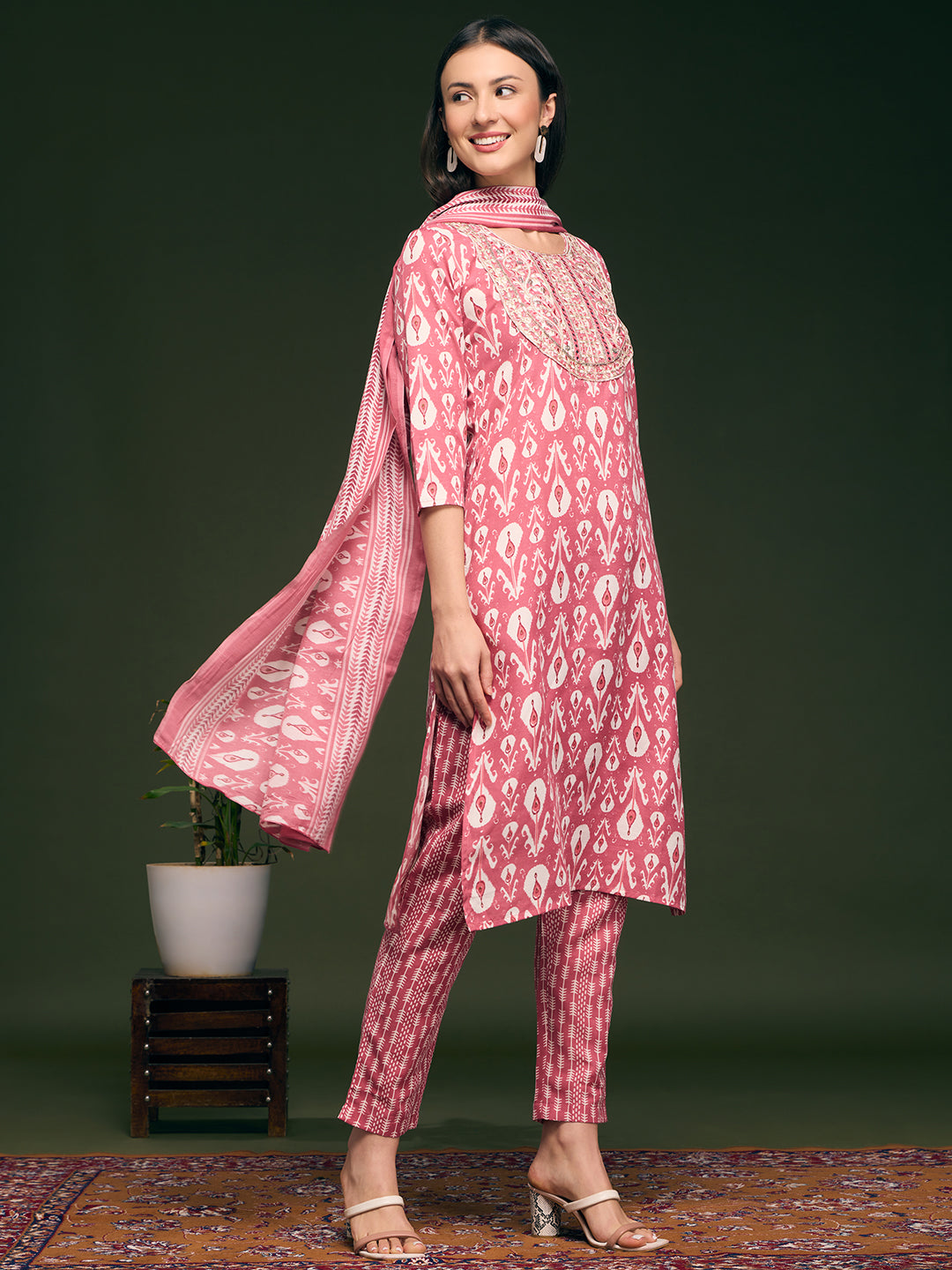 Floral Printed & Embroidered Straight Kurta with Pant & Dupatta - Pink
