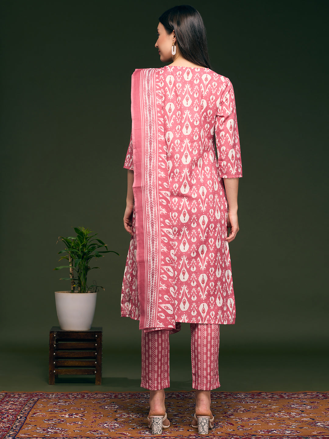 Floral Printed & Embroidered Straight Kurta with Pant & Dupatta - Pink