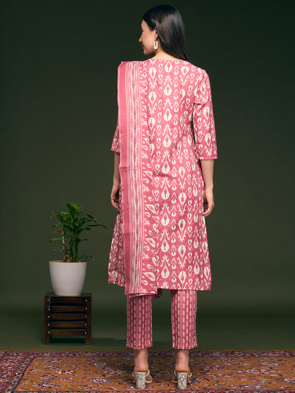 Floral Printed & Embroidered Straight Kurta with Pant & Dupatta - Pink