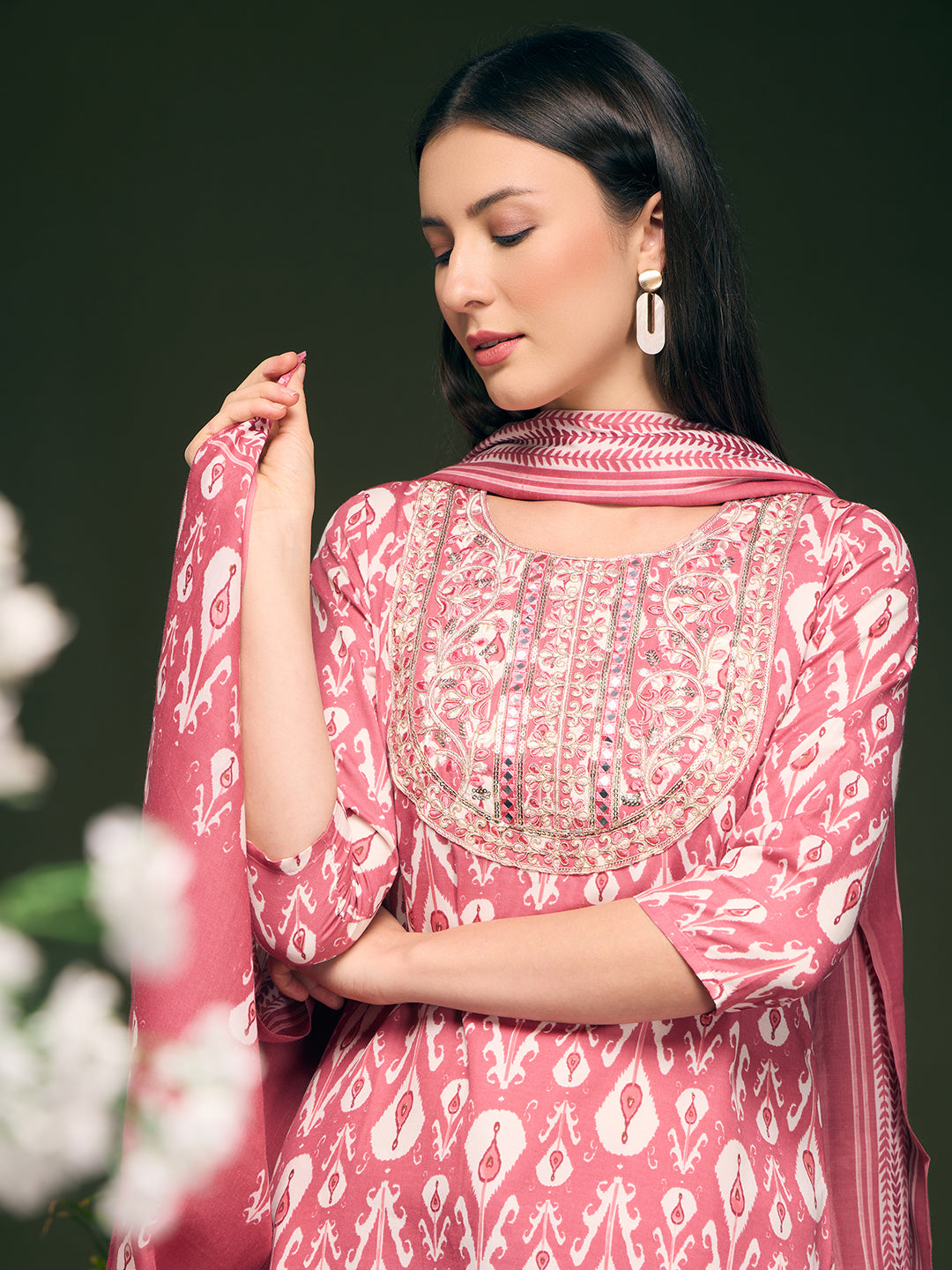 Floral Printed & Embroidered Straight Kurta with Pant & Dupatta - Pink