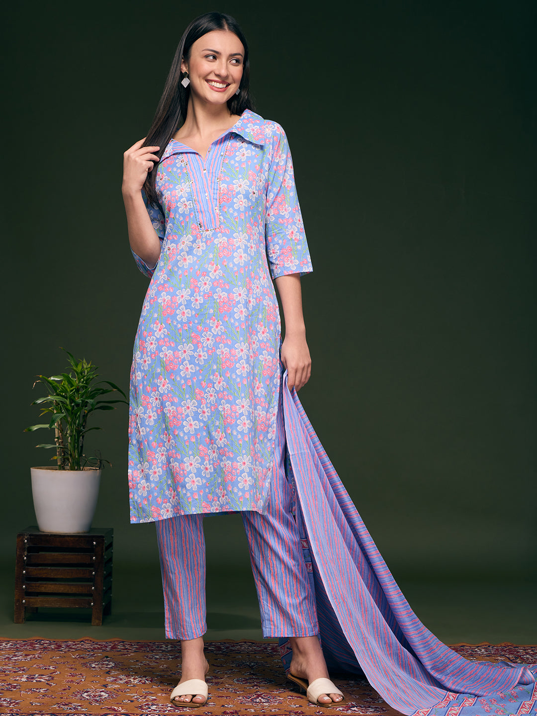 Floral Printed Straight Fit Kurta with Pant & Pure Cotton Dupatta - Blue