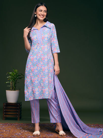 Floral Printed Straight Fit Kurta with Pant & Pure Cotton Dupatta - Blue