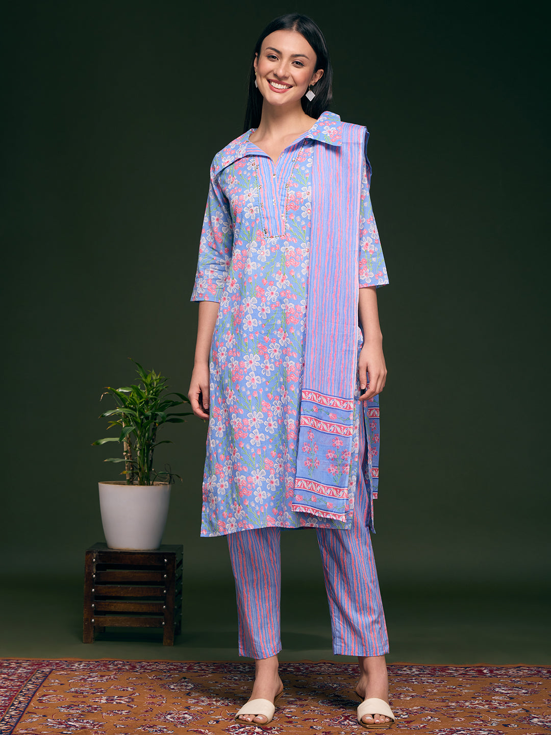 Floral Printed Straight Fit Kurta with Pant & Pure Cotton Dupatta - Blue